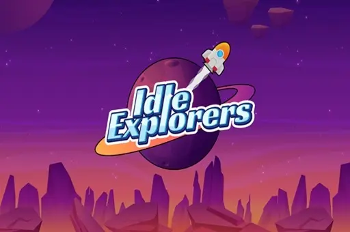 Imagem promocional do jogo 'Idle Explorers', com um foguete voando em direção a um planeta roxo no espaço, com o logo do jogo em destaque. O cenário é um ambiente espacial vibrante, simbolizando a aventura e a exploração. O jogo permite explorar planetas,